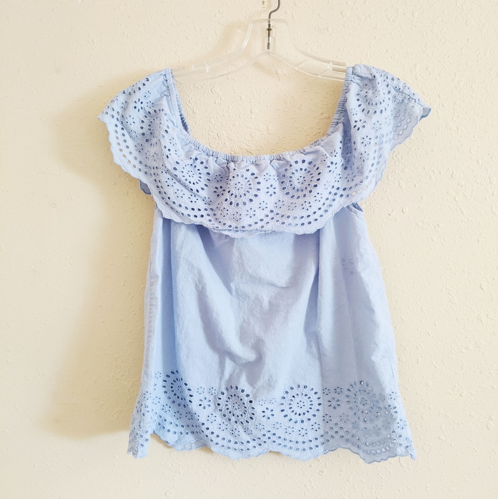 Blue Off The Shoulder Eyelet Top Size M